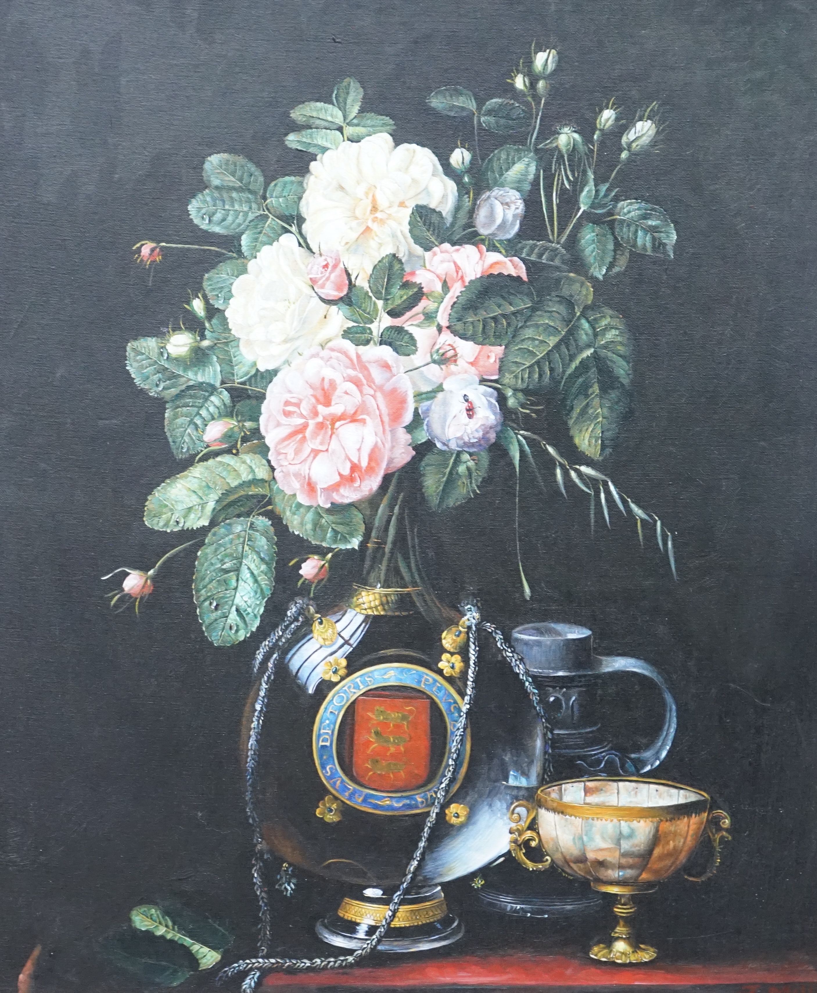 J. Mills, oil on canvas, 17th century style still life of roses in an ornate glass flask, signed, 59 x 49cm